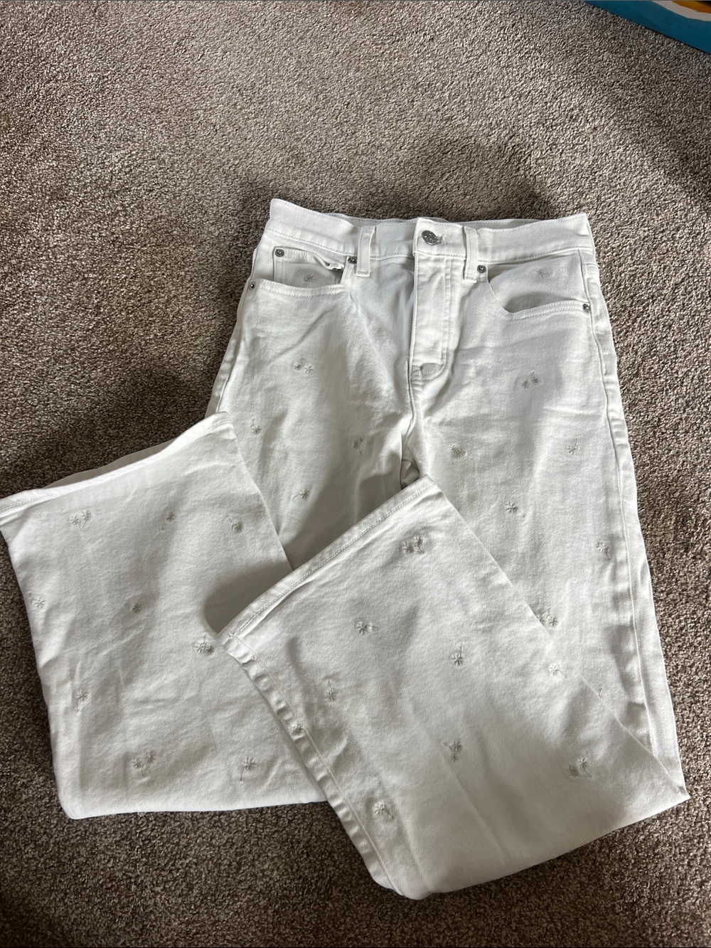 J. Crew White Straight-Leg Jeans with Subtle Embroidered Stars